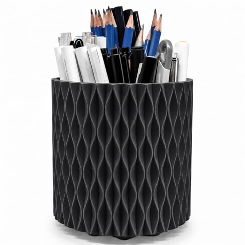 Lebenrich Aesthetic Black Pen Holder for Desk, Rotating Plastic Desk Pencil Holder Organizer for Home School Office - color: Black