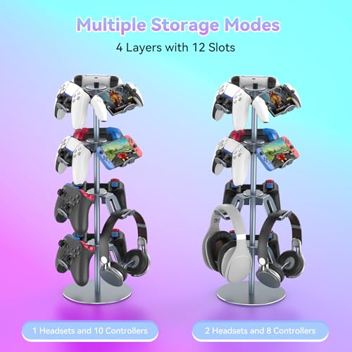 4-Tier 360°Rotating Controller Stand for PS5/Xbox/Switch/PS4 | Aluminum Game Controller Heaset Holder for Desk, 12 Hangers to Place, Spinning Controller Organizer Rack, Grey - color: Grey