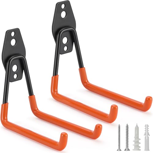 2 Pack Garage Hooks Heavy Duty Storage Organizer Wall Mount Power and Garden Tool Hangers, for Hanging Ladders, Ropes, Hose, Bulk Items - color: Orange 2 pack
