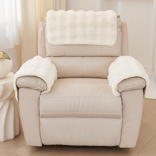 vctops 3 Pieces Faux Rabbit Fur Sofa Armrest Cover for Recliner Chair Non Slip Fluffy Furry Headrest Cover Soft Fuzzy Couch Cover for Dogs Washable Furniture Protector (Cream,1 Seat) - color: Cream