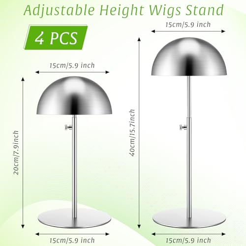 Sintuff 4 Pcs Hat Display Stand:adjustable 7.9-15.7inch Wigs Head Holder Stand Non Slip Stainless Steel Metal Rack for Multiple Hats Wig Storage Styling Practice(Silver,Round Base) - color: Silver, style: Round Base