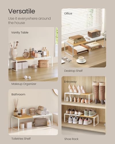 SONGMICS HOME Spice Rack, Expandable Cupboard Shelf Orgnizer, Kitchen Counter Shelf, Bamboo and Metal, Space-Saving Shelving, Stackable, Light Bamboo and Cream White UKCS052W01 - color: Light Bamboo + Cream White, size: 1 Pack