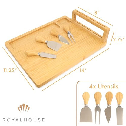 RoyalHouse Bamboo Cheese Board and Knife Set with Magnetic Holder - Serving Tray for Crackers, Meat, and Wine - Anniversary and Wedding Gift - style: Cheese Board Set with Magnet Holder