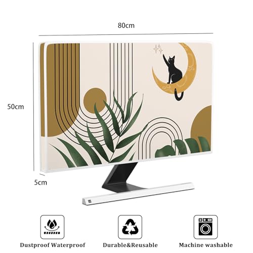 Boho Moon Cat Waterproof Television Cover 32 Inch Bohemian Green Plants Striped TV Dust Cover Antistatic Television Covers Dustproof TV Screen Covers for Television LED LCD OLED - color: green and yellow, size: 32 Inch