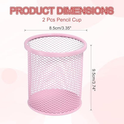 uxcell 2Pcs Mesh Pencil Holder, Metal Pen Cup Desk Organizer Makeup Brush Cup Holder for Home, Office, Classroom(Pink) - color: Pink