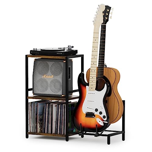 YAKANJ End Table with Guitar Stand,Record Player Stand,Vinyl Records Storage,2-Tier Guitar Stand for Acoustic,Turntable Stand for Music Studio-Brown - color: Brown