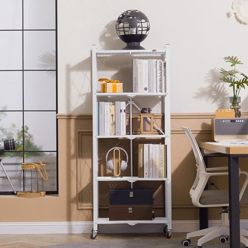 DEANIC 5-Shelf Folding Bookcase with Wheels, Rolling Bookshelf Heavy Duty Storage Shelves, Freestanding Metal Wire Shelving Unit for Living Room, Office, Kitchen, Basement, Pantry (White) - color: White, size: Compact 5 tier