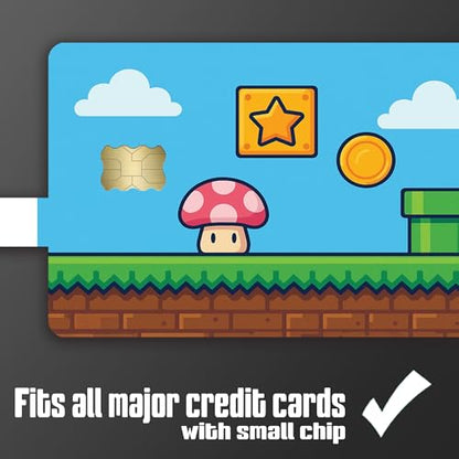 Retro Platformer World – Credit Card Skin Sticker Cover Decal Wrap 2-Pack – Cute Mushroom, Coin & Star Block Design