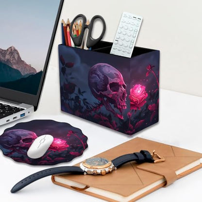 Pen Holder and Anti-Slip Mouse Pad Combination, Makeup Brush Storage Box, Tableware Storage Box, Suitable for Office and Home - Rose Skull - color: Rose Skull