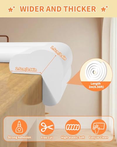 L-Shape 6.56FT 0.6'' Thick Baby Proof Corners and Edges, Pre-Taped | Thickened Upgrade, with 6 Corner Covers, Soft Rubber Foam Furniture Corner Bumper Guards for Table Wall Fireplace, White - color: White, size: 0.6''Th (6.56ft)