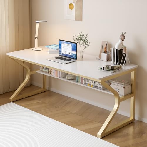 OSCHF Double Long Desk with Bookshelf - 55" Extra Long Writing Table for 2-Person Workstation, Modern Study Work Computer Desk for Home and Office, Gold - color: Gold + White, size: 55x23.6 inch