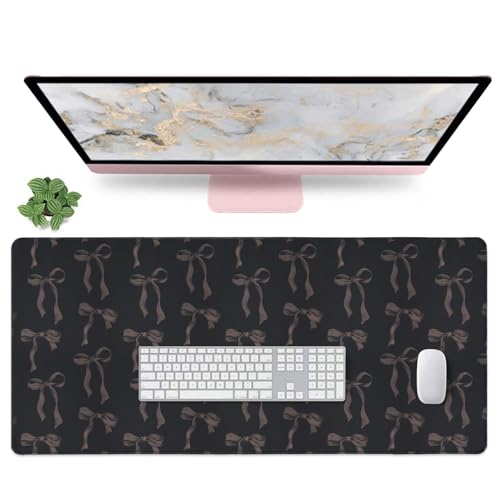 Black Desk Mat with Bows, Large Bow Mouse Pad Keyboard Mat for Computer Laptop Non-Slip Rubber Base Gaming Mousepad, Cute Black Desk Accessories Girly Office Desk Mat for Teen Girls Women 35.4 x 15.7 - color: Black Dark, size: 35.4" x 15.7"