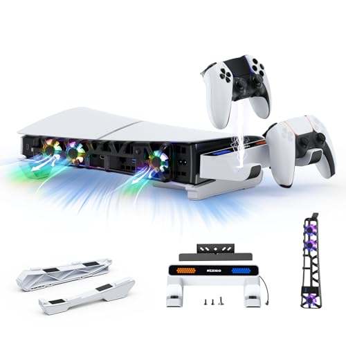 NexiGo PS5 Slim Horizontal Stand with Charging Station for Dual_Sense&Dual_Sense Edge Controllers,Silent Cooling Fan w/Intelligent Temperature Control, LED Indicators, White - color: White, style: Stand with Fans and Charging