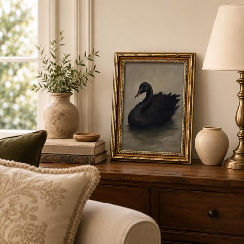 Electrilucn Vintage Black Swan Gold Frame Canvas Wall Art Dark Victorian Gothic Wall Decor Moody Unique Swan Painting Pictures Rustic Farmhouse Animal Posters for Living Room Bathroom Decor 9x11in - color: Black Swan, size: 11"L x 9"W