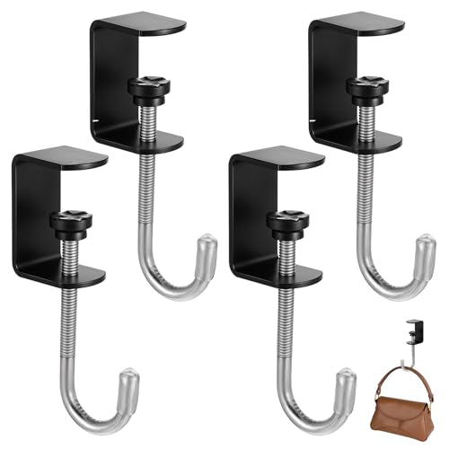 cobee Clamp-On Under Desk Hooks, Desk Mount Hanging Bag Holder Metal Hook Adjustable Headphones Clamp Organizer Portable Purse Hanger Clip Reduce Desk Clutter Table Desk Under Counter (4 Pcs, Black) - color: 4 Pcs, Black