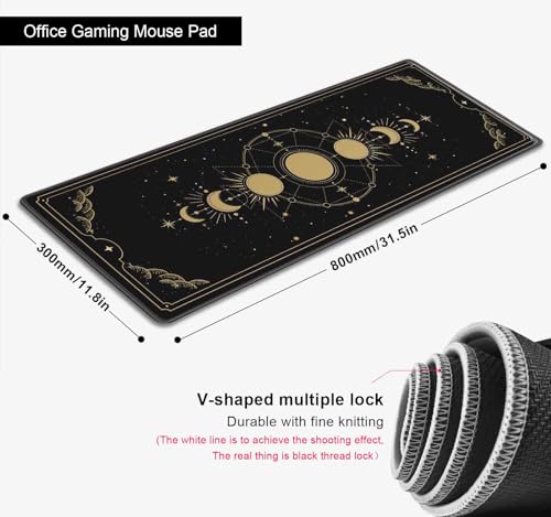 Moon Phases Large Gaming Mouse Pad, Celestial Cycle Lunar Chart Black and Gold Desk Pad, Stars in Space Horoscope Desk Mat, Mystical Astronomy Mousepad for Gamer Home&Office, 31.5x11.8 in - color: Moon Phase on Black