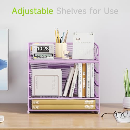 Cawukege 5 Tier Paper Organizer with Handle, Metal Mesh Desk Organizer File Folder Paper Letter Tray Desktop Document Sorter for Classroom, School, Office Accessories Organization and Storage - Purple - color: Purple