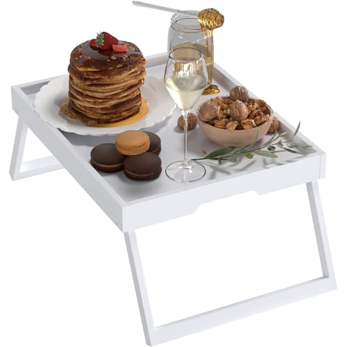 Bamboo Bed Tray Table with Foldable Legs, Breakfast in Bed Tray for Eating, Kitchen Serving Trays, Folding Table for Sofa, Beds, Eating, Working, Used As Laptop Desk Snack Trays, Large White - color: White, size: Large