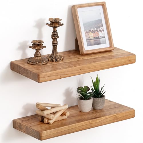 Floating Shelves for Wall, 18"Wx8"D Rustic Solid Elm Wood Floating Shelves Wall Mounted, Round Edge Wall Shelves with Invisible Bracket for Living Room Bathroom Bedroom Kitchen, Set of 2, Natural - color: Natural, size: Round Edge, 18inch, 2Packs