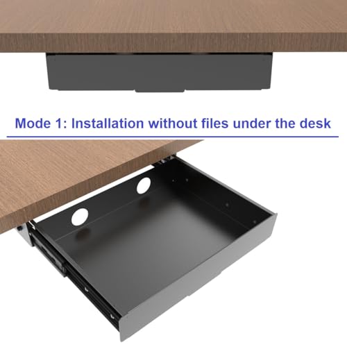 Under Desk Mounted Slide out Drawer, W 13.4" x D 9.3" Storage Organizer with Cable Management，Pull Out Add-On Storage for Office & Standing Desks with High Crossbar, Metal, Black (Medium)