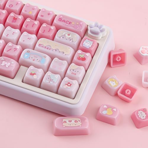 Ceramic Jade Cat Keycaps, 142 Keys Translucent Pink Meow Meow Cute Keycaps Mao Profile Custom Keycap with Keycap Storage Box for Cherry Gateron MX Swithes Mechanical Keyboards - color: Meow Meow Pudding
