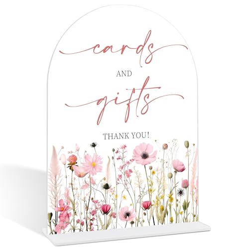 Pink Flower Cards And Gifts Sign, Gift Table Decor, Bridal Shower Decor, Wedding Reception Decorations, Bridal Shower Centerpieces For Tables, Party Supplies, Acrylic Arch Wedding Sign With Base-11 - color: Cards And11