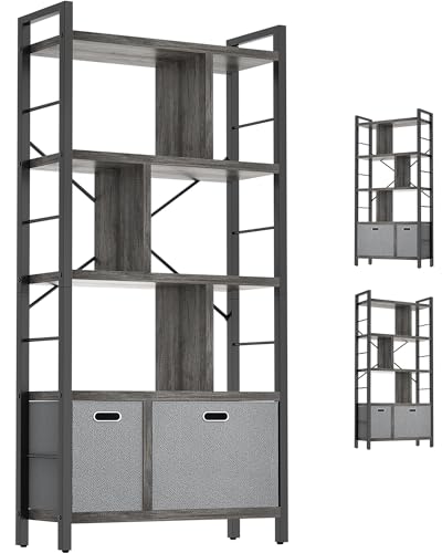 Armocity Bookshelf with Drawers - 5 Tier Tall Bookcase Geometric Modern Book Shelf Display Standing Bookshelves with Storage for Living Room, Bedroom Home Office, Grey Oak - color: Grey Oak