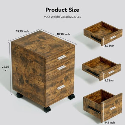 3 Drawer File Cabinet with Wheels,Pre-Assembled Wood Organizer for Home Office,Mobile Printer Stand Storage,19" L x 16" W x 22" H(Brown) - color: Brown
