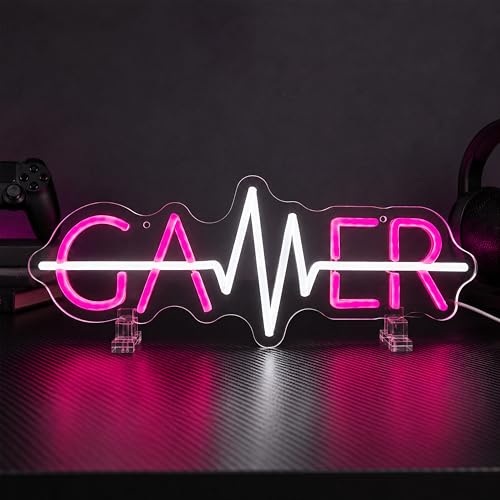 Gamer Neon Sign for Wall Decor, LED Heartbeat Line Light, USB Powered Dimmable Accent for Game Room, Bedroom, Gaming Setup, Gamer Gift (pink) - color: Pink-GAMER
