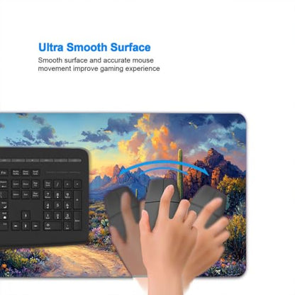 Cactus Desert Mouse Pad Large Sunset Mountain Wildflower Road Illustration Mousepad XL Large Gaming Mouse Pad Laptop Keyboard Mat Desk Pad 31.5x11.8 Inch - color: Cactus Desert