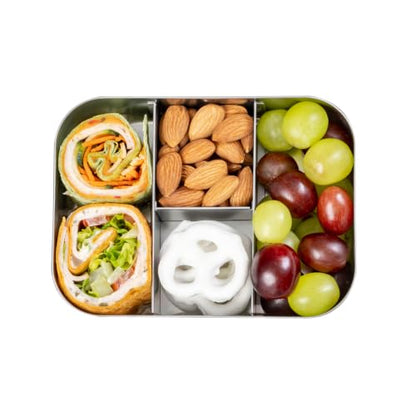 LunchBots Small Protein Packer Bento Box - Extra Small Divided Stainless Steel Snack Container - 4 Sections for 1-2oz of Nuts, Meat, Cheese, Finger Foods - Dishwasher Safe - Stainless Lid - size: 4 Section