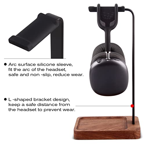 Walnut Wood & Aluminum Headset Holder, Desktop Headphone Stand, Universal headphone holder for most music gaming headsets - Black Walnut