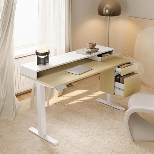 HUANUO Electric Standing Desk with File Cabinet, 47 Inch Height Adjustable Desk with Storage Drawers, Ergonomic Stand Up Table Compatible with Monitor Stand, Light Walnut - color: Light Walnut, size: One Side Storage