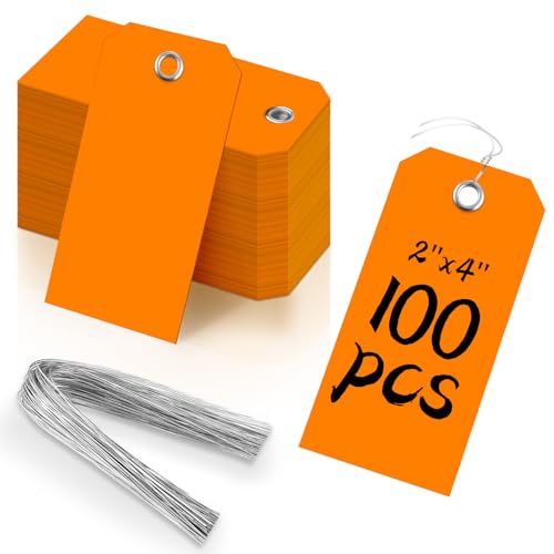 100 Pieces 2x4 Inch Orange Plastic Shipping Tags With Wires - Heavy Duty Waterproof Labels for Gift, Luggage, Garage Inventory - Reinforced Hang Tags With String - color: Orange