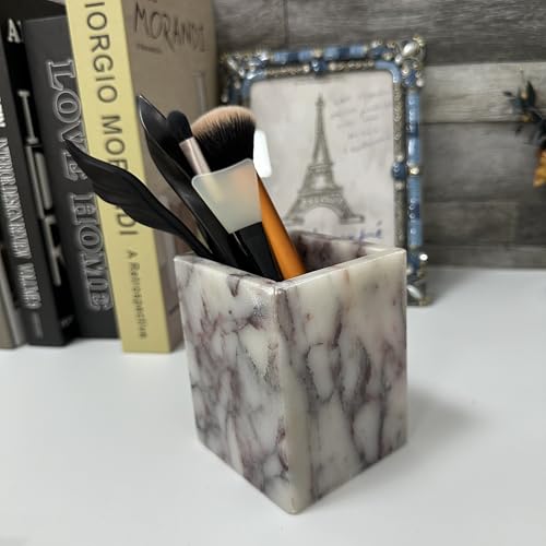 Natural Calacatta Viola Marble Pen Holder, Luxury Square Organizer Cup, Multi-Use Hand-Polished Storage for Desk, Bathroom Vanity, Kitchen Utensils & Makeup Brushes, 2.95” x 3.74” - color: Calacatta Viola