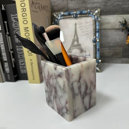 Natural Calacatta Viola Marble Pen Holder, Luxury Square Organizer Cup, Multi-Use Hand-Polished Storage for Desk, Bathroom Vanity, Kitchen Utensils & Makeup Brushes, 2.95” x 3.74” - color: Calacatta Viola
