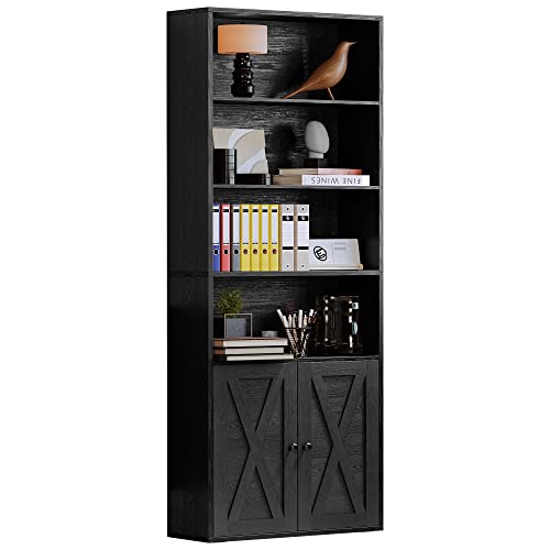 IRONCK Industrial Bookshelves and Bookcases with Doors Floor Standing 6 Shelf Display Storage Shelves 70 in Tall Bookcase for Home Office, Living Room - color: Vintage Black