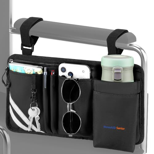 Wheelchair Side Bag with Cup Holder, Universal Armrest Organizer with Reflective Strips & Mesh Pockets, Water-Resistant Storage for Wheelchairs, Walkers, Rollators & Strollers (Black)