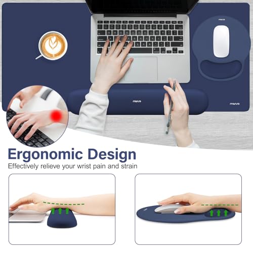 MOSISO Wrist Rest for Keyboard Mouse Pad Set, Large Gaming Deskpad&Circle Curved Mousepad&Keyboard Wrist Rest&Coaster, Ergonomic Non-Slip Mousepad&Easy Typing Pad with Silicone Lining, Navy Blue - color: Navy Blue
