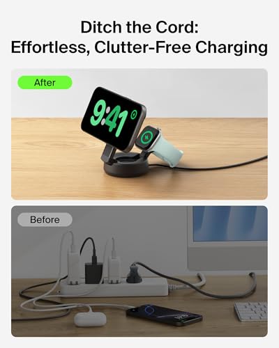 Belkin MagSafe Charger Compatible, 2-in-1 Wireless Charging Station, Qi2.2 25W Convertible Magnetic Charger for iPhone 17, Apple Watch Series 10, Google Pixel 10, and More (45W Adapter Included) - color: Black, style: 2 in 1