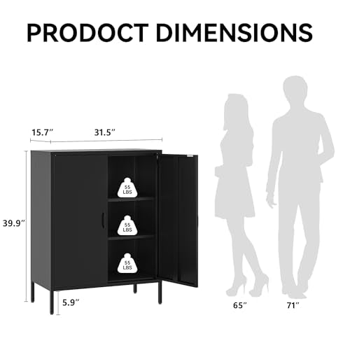 COFaR Black Metal Storage Cabinet, 40” Industrial Kitchen Organizer & Buffet Sideboard, 3-Tier Steel Cabinet with Adjustable Shelves, Magnetic Doors for Coffee Bar, Office, Dining Room - color: Black, size: 40"H