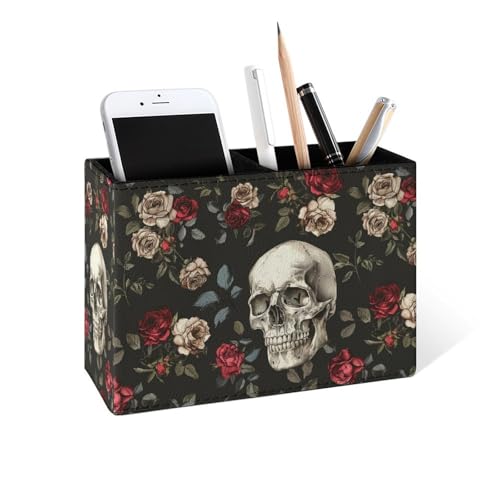Famame Skull Red White Roses Pencil Holder for Desk, Leather Desktop Container Pen Cup Storage Study Table Pen Organizer Makeup Brush Holder for Classroom Office Home - color: Skull Red White Roses