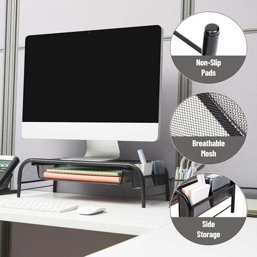 Mind Reader Monitor Stand, Ventilated Laptop Riser, Paper Tray, Storage, Office, Metal Mesh, 20"L x 11.5"W x 5.5"H, Black - color: Black