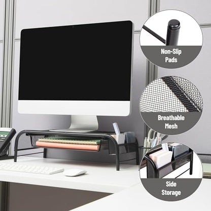 Mind Reader Monitor Stand, Ventilated Laptop Riser, Paper Tray, Storage, Office, Metal Mesh, 20"L x 11.5"W x 5.5"H, Black - color: Black