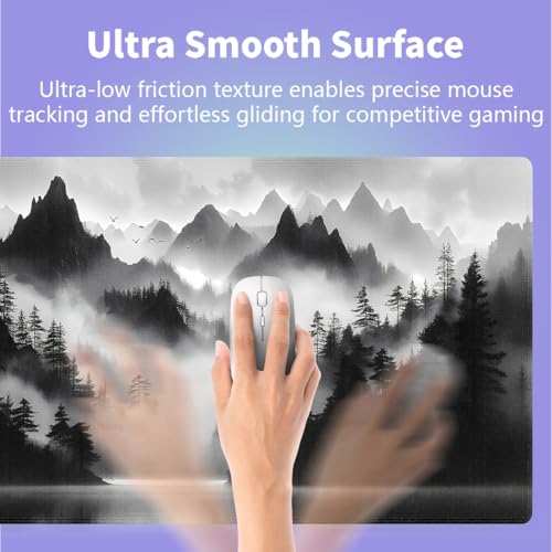 Large Gaming Mouse Pad (31.5" x 15.8") - Foggy Forest Misty Mountain Landscape Painting Black and White Wonderland, Extra XXL Extended Office Accessories, Premium Stitched Anti-Slip Desk Mat - color: Foggy Forest