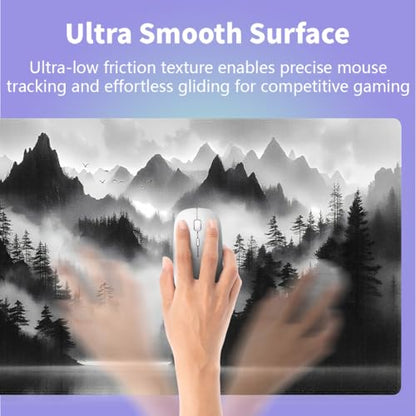 Large Gaming Mouse Pad (31.5" x 15.8") - Foggy Forest Misty Mountain Landscape Painting Black and White Wonderland, Extra XXL Extended Office Accessories, Premium Stitched Anti-Slip Desk Mat - color: Foggy Forest