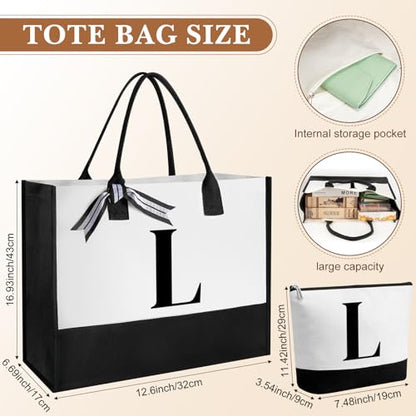 Aliceset Initial Gifts for Women Monogram Canvas Tote Bag and Makeup with Zipper and Initial Glass Coffee Cup Gifts for Her - style: Letter L