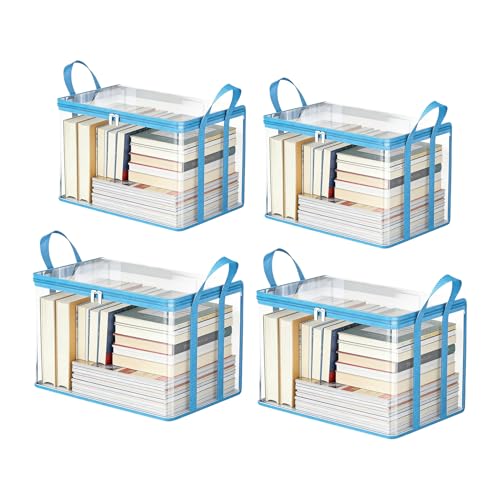 4 PCS Clear Book Storage Containers with Lids - Durable Comic Book Protector & Media Organizer - Collapsible Vinyl Storage Bags with Zipper for Books, Blu-Rays, Office Supplies - 15" x 9.5" x 12.5" - color: Blue, size: 4-Pack