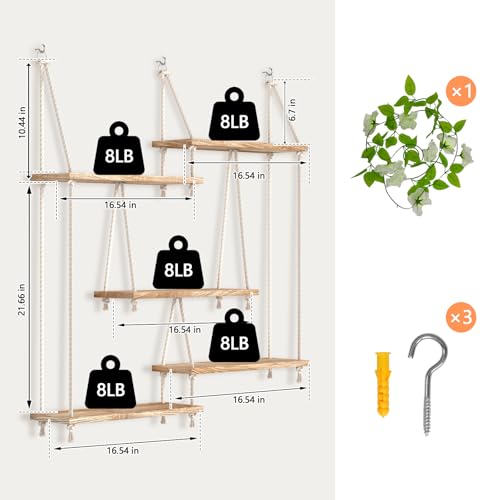Hanging Shelves for Wall with Vine Lights 5 Tier Boho Wall Shelf Macrame Floating Shelves Rope Rustic Wood Organizer Storage Hanger Rack Decor Aesthetic for Succulents Bedroom Kitchen Bathroom Home - color: Five Floors