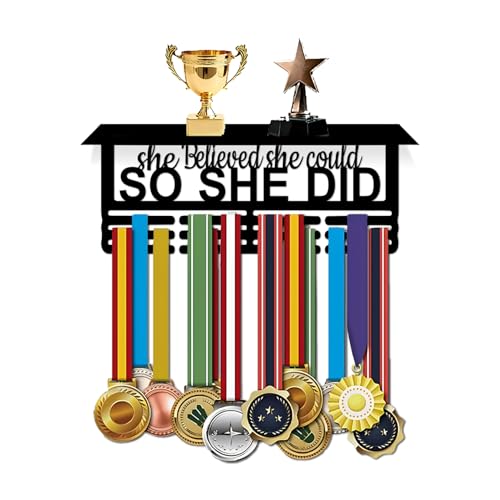 Resama Medal Hanger Holder Display Wall Rack Frame Shelf-Medal Hanger Awards Ribbon Soccer,Gymnastics,Holder Display Rack for 60 Medals - color: So She Did-T